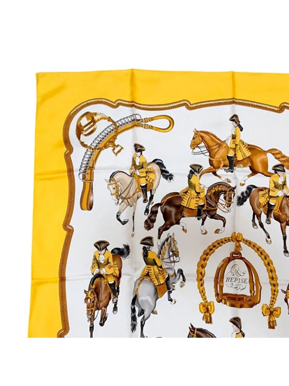 Hermes Carre 90 Reprise Ledoux Yellow Silk 100% Large Scarf